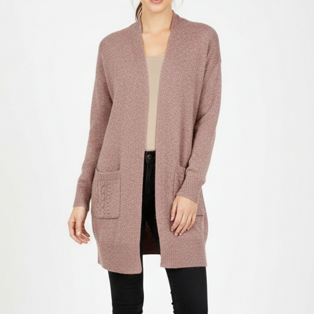RW&Co Flecked Dusty Rose Cardigan Sweater Mid Length Open Front Winter Knit